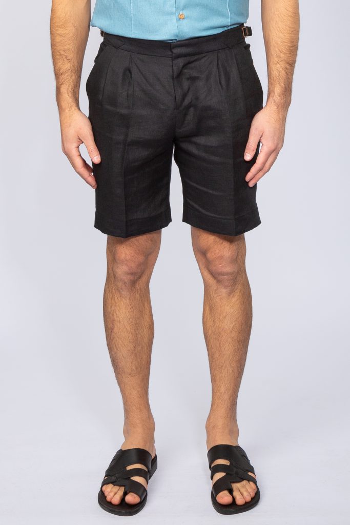 Black Linen Double Pleat Shorts